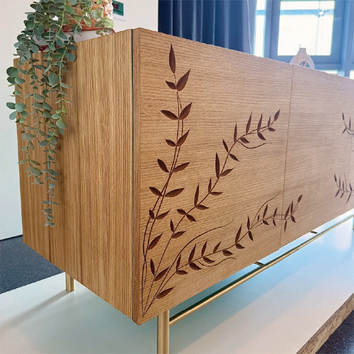 A wooden cabinet featuring a potted plant on its surface, adding a touch of greenery to the room.